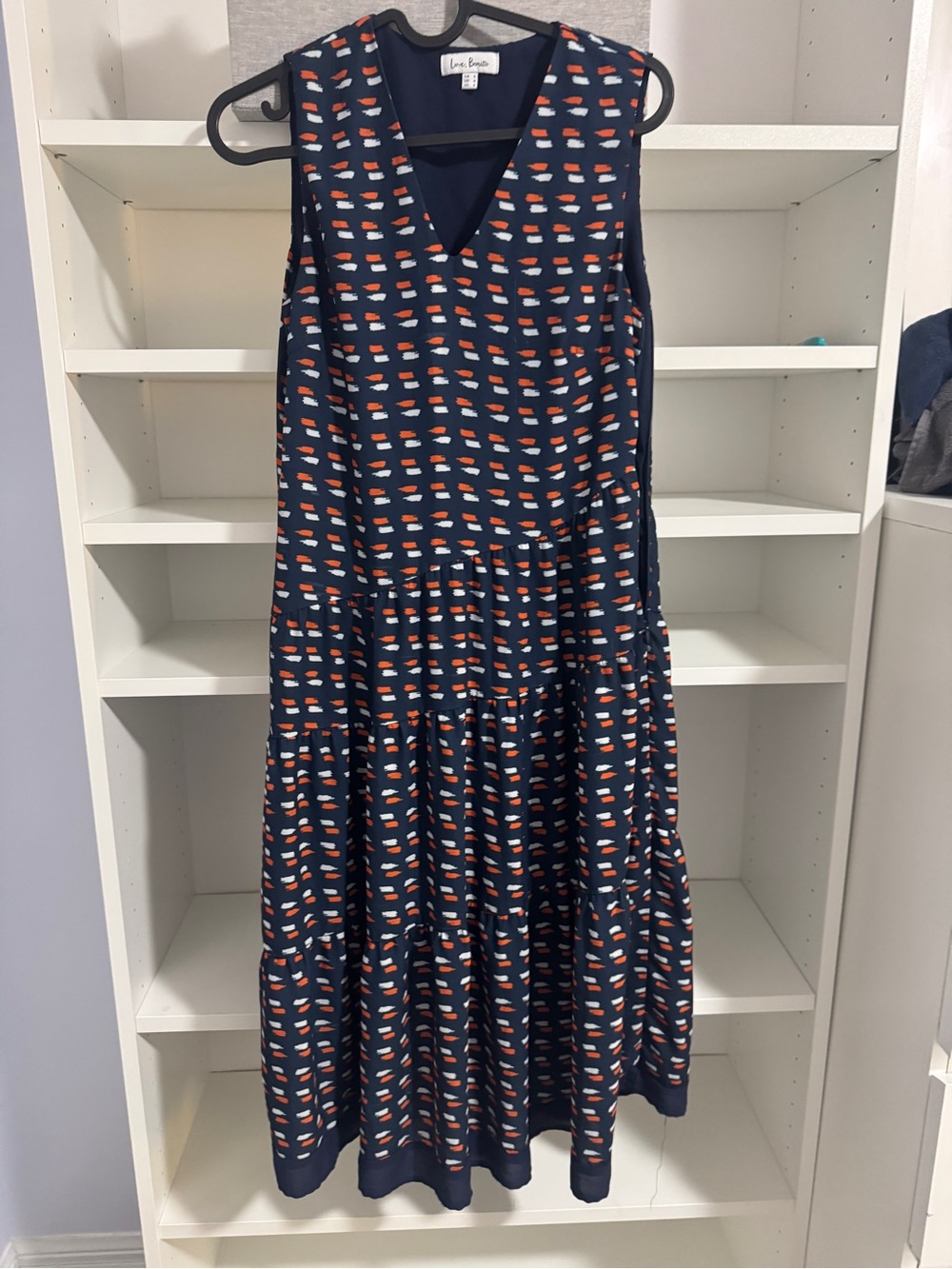 Lulu B Navy Patterned V-Neck Midi Dress